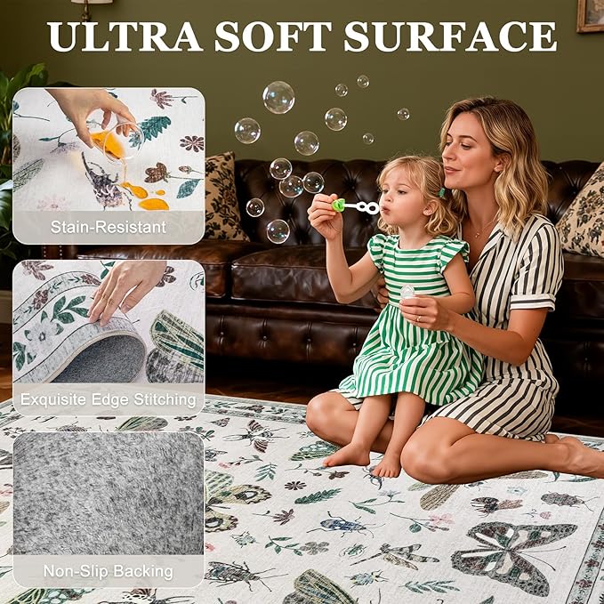 9x12 Area Rugs Living Room Rug: Vintage Washable Rug Floral Soft Carpet Indoor Floor Non-Slip Boho Stain Resistant Large Carpets for Bedroom Kids Nursery Dining Room Farmhouse Home Office Black/C02