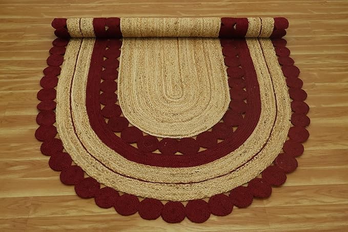2x14 Flatweave Runner – Oval Kilim Rug, Handmade Boho Style, Hand Braided Jute, 0.27" Thick Solid Red Beige Flatweave for Entryway, Hallway, Staircase, Corridor