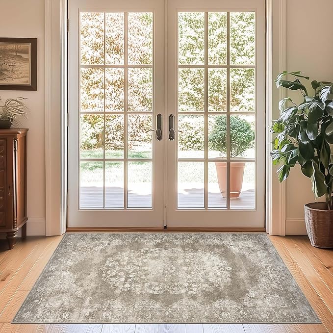 jinchan Washable Area Rug 3x5 Entryway - Soft Distressed Vintage Floral Indoor Bedroom Rug Faux Wool Low Pile Small Oriental Accent Carpet for Kitchen, Entrance, Bedside, Dining Room(Brown, 3'x5')