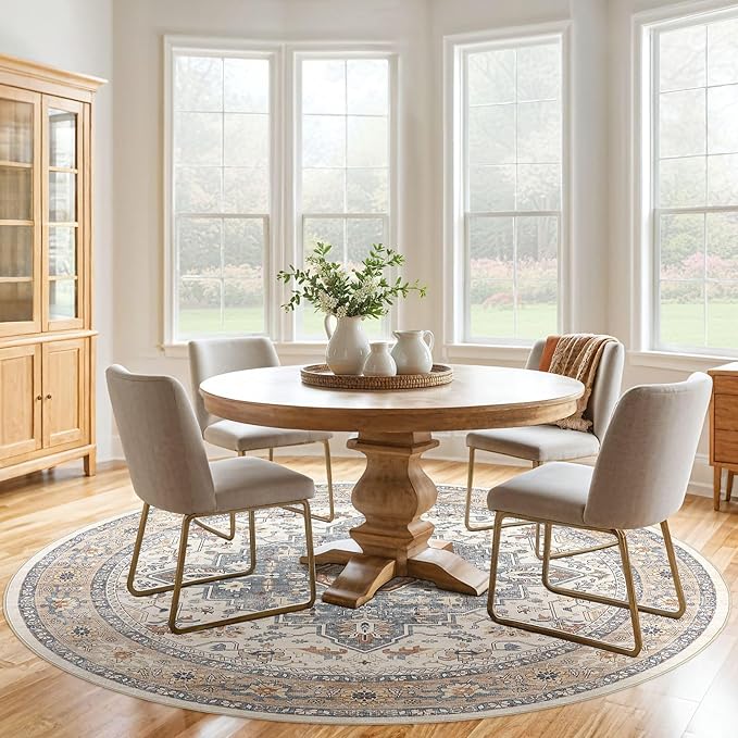 Round Rug Living Room Rugs: 6Ft Washable Boho Neutral Large Circle Soft Indoor Distressed Stain Resistant Floor Farmhouse Carpet for Bedroom Nursery Kids Playroom Office Dining Room Dorm- Beige Blue