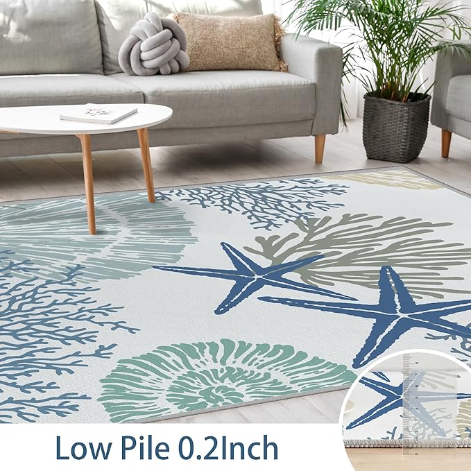 Tritard Coastal Area Rug 3x5 - Small Machine Washable Foldable Throw Rugs Non-Slip Beach Ocean Entryway Indoor Entrance Carpet for Kitchen Bathroom Laundry Bedroom Living Room, Blue