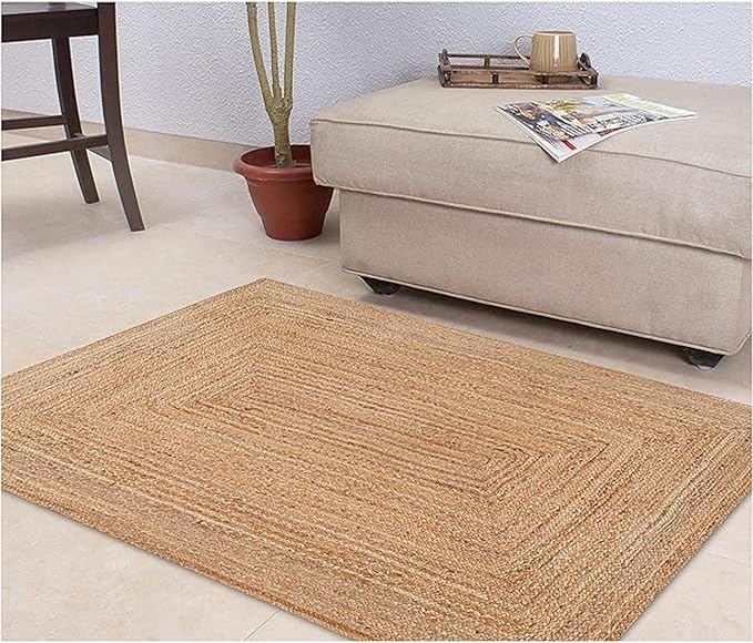 Handwoven Jute Rug for Home Décor, Boho Reversible Braided Carpet, Ethnic Rectangular Area Mat for Indoor Outdoor Living Room or Bedroom (2 Ft 6 Inch x 6 Ft)