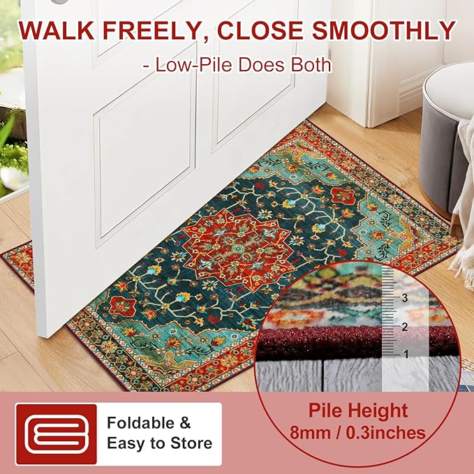 WILLSUN Washable Area Rugs, 4x6 Non-Slip Boho Large Area Rugs for Living Room, Bedroom, Machine Washable Vintage Rug, Indoor Floral Print Carpet for Home Decor, Kid & Pet Friendly Mat