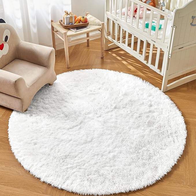 Andency White Round Area Rug for Bedroom, Soft Shag Circle Rug 4x4 for Room, Fluffy Faux Fur Carpet for Home Decor, Circular Fuzzy Plush Rug for Living Room Playroom