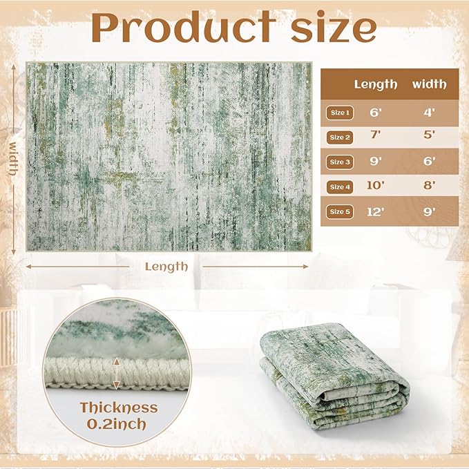 8x10 Abstract Area Rugs for Living Room, Modern Washable Indoor Rug for Bedroom, Thin Soft Large Non-Slip Carpet for Dining Room Home Office Farmhouse Decor - Abstract Army Green
