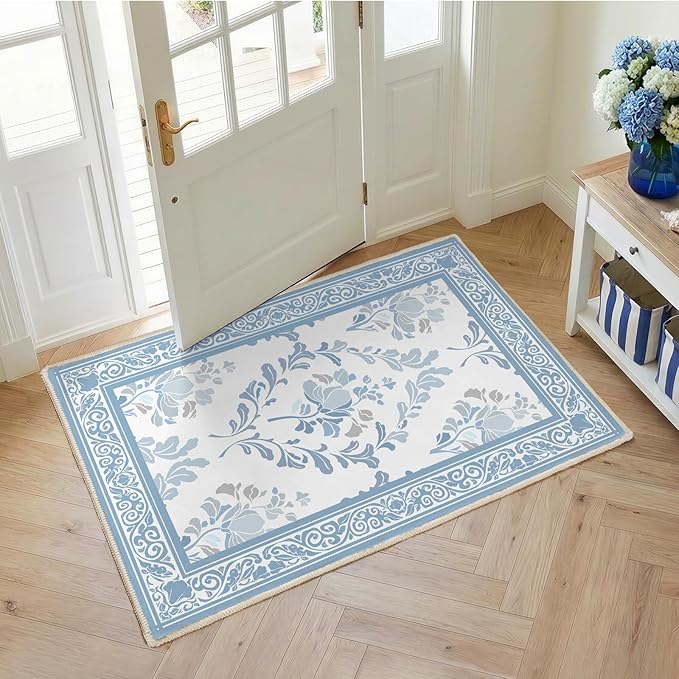 SOULFUL Medium Pile 2x3 Entryway Rug - Soft Underfoot Small Area Rug - Mist Blue Boho Floral - Washable Non-Slip - Perfect for Hallway Kitchen Bedroom Bathroom Indoor Entrance