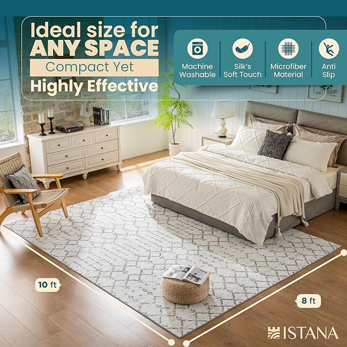 Istana 8x10 Area Rug - Grey 8x10 Rugs for Living Room - Foldable Rugs for Bedroom - Stain Resistant Washable Rug - Eco-Friendly Area Rugs - Easy to Clean Living Room Rug