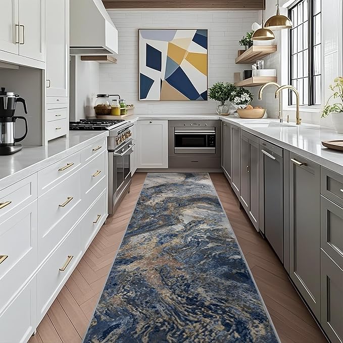 Abstract Washable Runner Rug: Modern 2x8 Hallway Runner for Kitchen Stain Resistant Non Slip - Thin Low Pile for Entryway Indoor - Blue Gold
