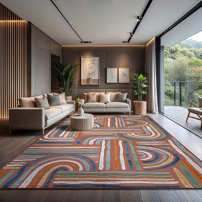 CAMILSON Indoor Outdoor Rug, Orange 8x10 Geometric Arch Striped Area Rugs for Patio and Home Areas, Easy-Cleaning Non-Shedding Living Room, Garden and Deck Washable Outside Carpet (8 x 10)
