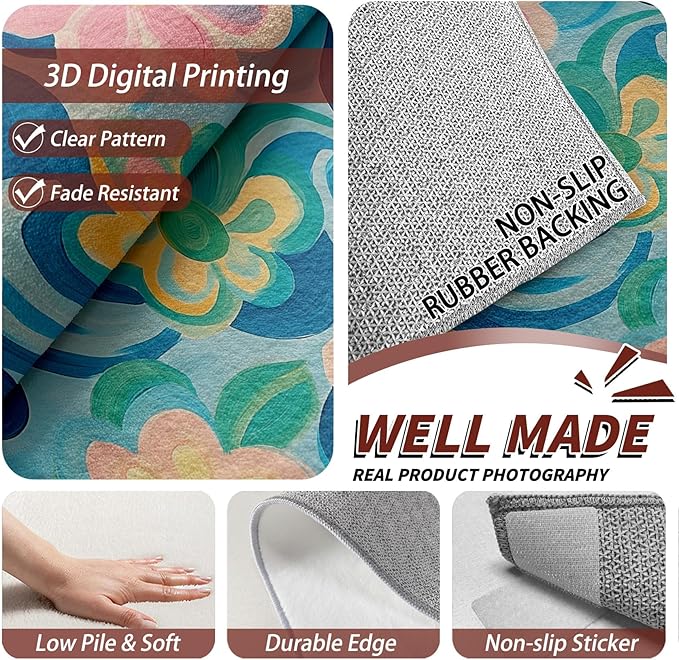Floral Large Area Rug - 7x10 Rug - Modern Artistic Flower Rugs for Living Room Non Slip Low Pile Machine Washable Area Rugs, Floral Carpets Home Decor & Gifts