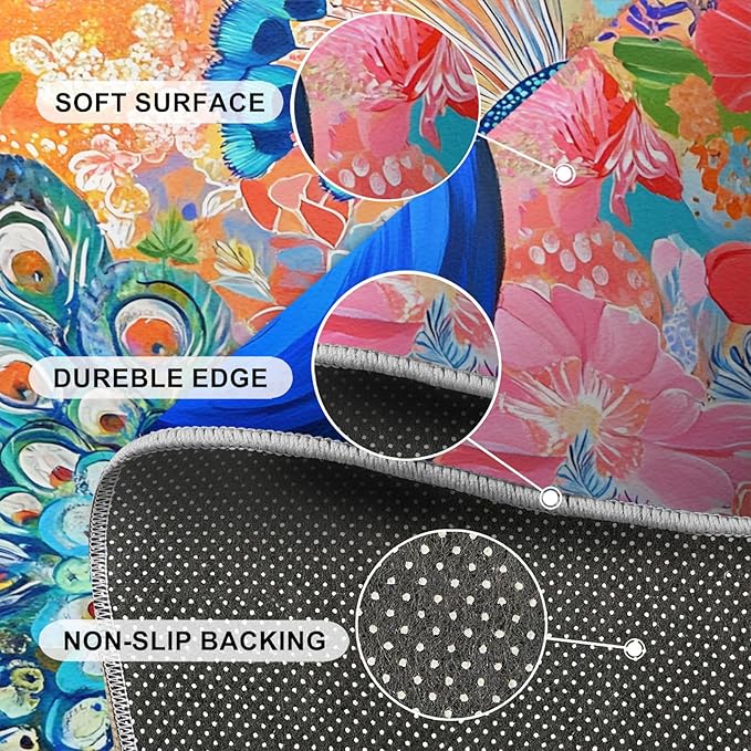 Peacock Area Rug 3x4-3x4 Rug, Boho Floral Rugs for Living Room, Colorful Carpet, Oil Painting Art Washable Area Rugs for Bedroom, Aesthetics Carpet - Peafowl Home Decor & Gifts