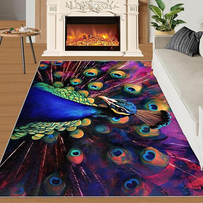 Peacock Rugs for Bedroom - 5x6 Area Rug - Watercolor Peacock Rugs for Living Room, Abstract 3D Animal Rug, Non-Slip Washable Home Decor Carpet