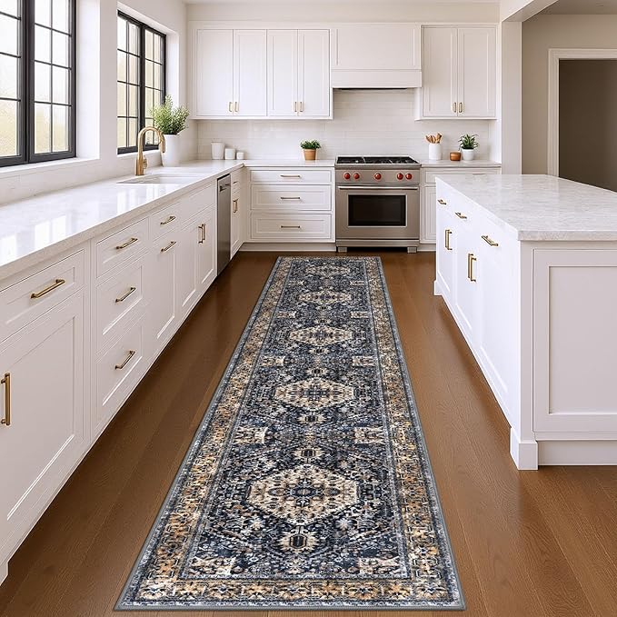 KOZYFLY Runners for Hallways 3x14 Ft Extra Long Washable Kitchen Thin Runner Rug Boho Runner Rug for Entryway Indoor Printed Faux Wool Stair Floor Carpet for Stair Kitchen Hall, Gold/Navy