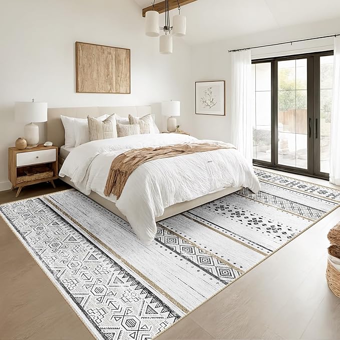 BESTSWEETIE 6x9 Area Rugs for Living Room Washable Moroccan Farmhouse Neutral Geometric Low Pile Non-Slip Soft Print Pattern Rug for Bedroom Kitchen Dining Room Entryway Black/Brown