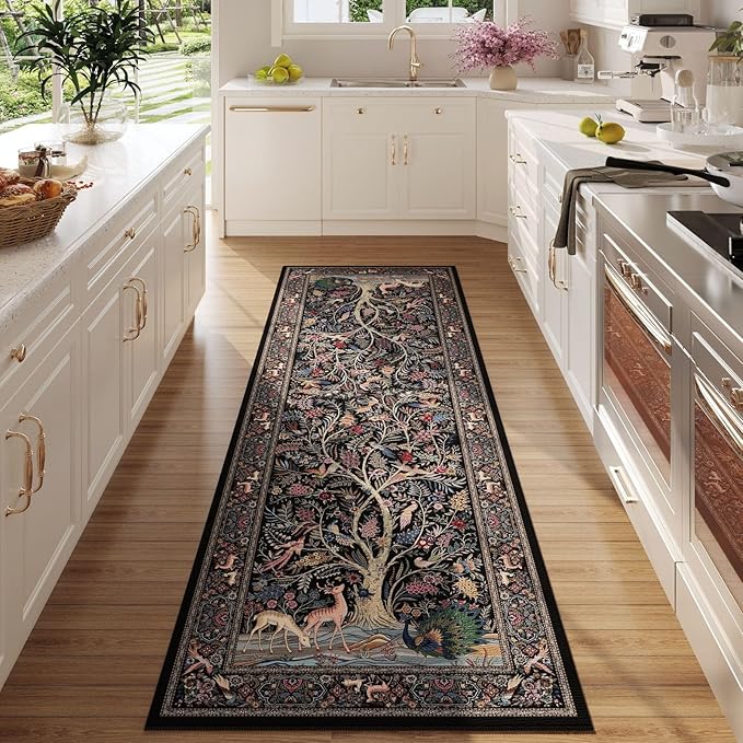 Rugcomf Runner Rug Vibrant Tree of Life-Patterned Vintage Kitchen Rugs Non Slip Washable Soft Carpet Runner for Laundry Bedroom Bathroom, Black