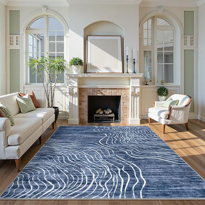 LIVEBOX Machine Washable Modern Abstract 6x9 Area Rug, Non Slip Large Bedroom Living Room Nursery Girl Rug Minimalist Wave Striped Neutral Boys Rug, Carpet for Dining Room Playroom(Navy Blue,6'x9')
