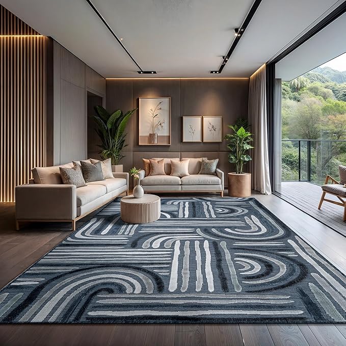 CAMILSON Indoor Outdoor Rug, Navy Blue 10x14 Geometric Arch Striped Large Area Rugs for Patio and Home Areas, Easy-Cleaning Non-Shedding Living Room, Garden and Deck Washable Outside Carpet 10 x 14