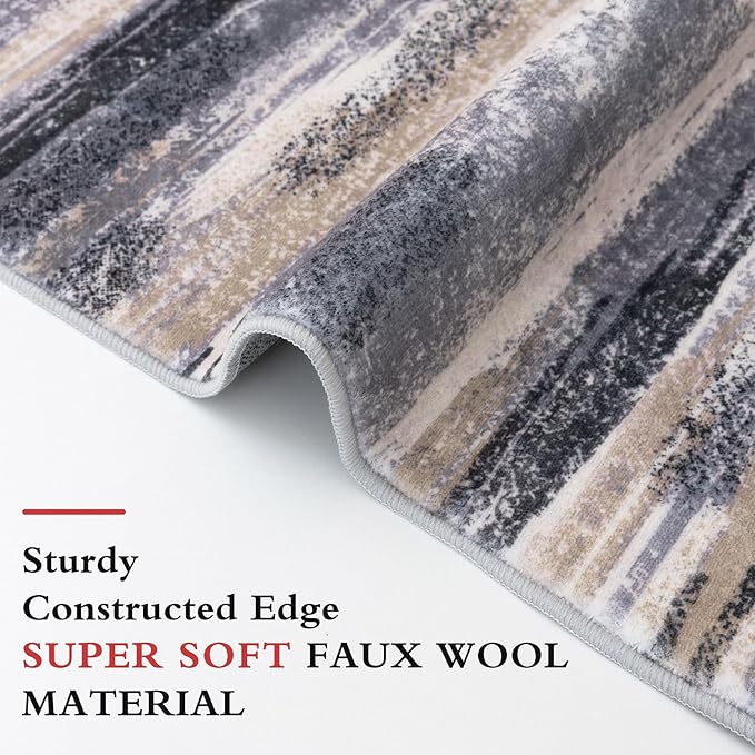 Modern Abstract 4x6 Living Room Washable Rug Non-Slip Soft Bedroom Area Rug Grey Black Multi Thin Print Faux Wool Floor Carpet Throw Rugs for Nursery Playroom Dining Room Indoor Home Decor