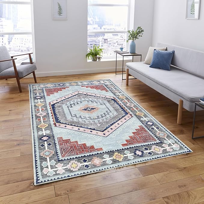 Fame Living Washable Area Rug. Modern Farmhouse. Vintage. Turkish. Bohemian. Distressed. Oriental. Traditional. Rugs for Living Room. Dining. Bedroom. Office. Entryway. Foyer. (856BlM, 5'9" x 8'9")
