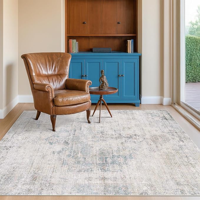 Washable 4x6 Rug for Small Living Room, Area Rug for Kitchen, Bedside, Large Entryway Indoor - Stain Resistant Non Slip with Rubber Backing, Unique Floral Aethestic Décor, Light Blue & Gray