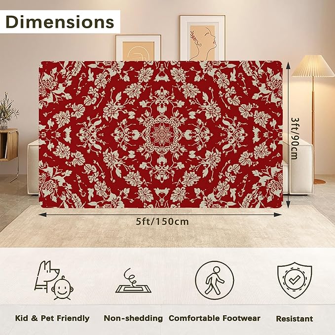 Red Flower Carpet for Living Room, 3x5 Non-Slip Washable Low Pile Abstract Design Rug, Space Saving Area Rug for Bedroom, Dining Room