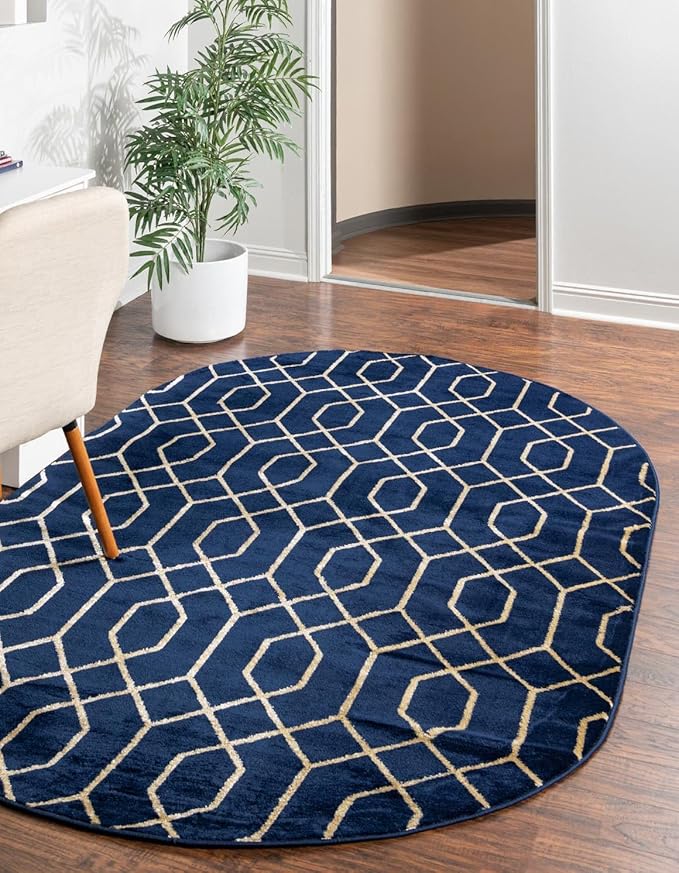 Unique Loom Glam Collection Area Rug - Trellis (7' 10' x 10' Oval, Navy Blue Gold/ Gold)