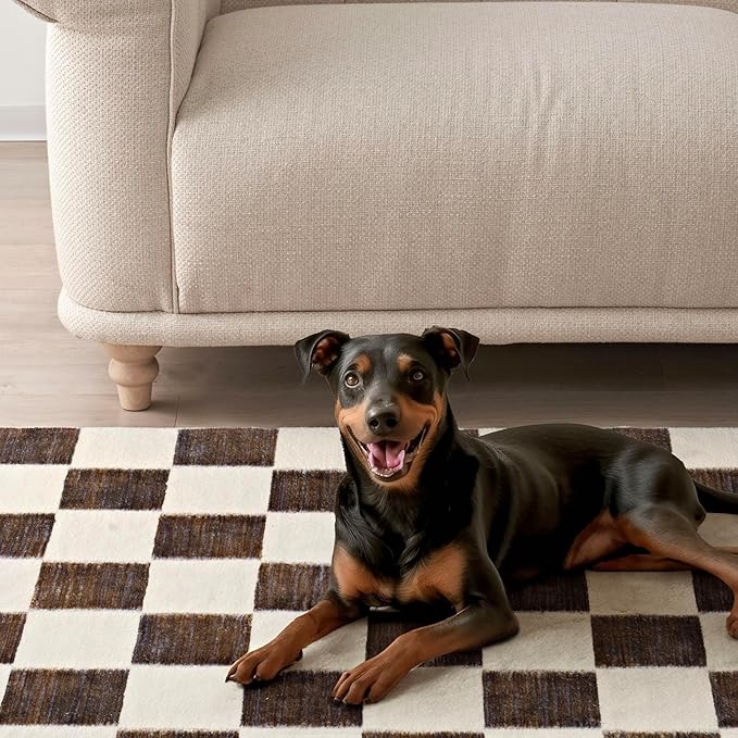EVERGRACE Checkered Plaid Area Rug 2x6, Soft Fuzzy Faux Wool Rugs Washable Anti Slip Rugs Long Runner Rug for Entryway Bedroom Living Room Hallway Dining Room and Laundry, Dark Brown and White