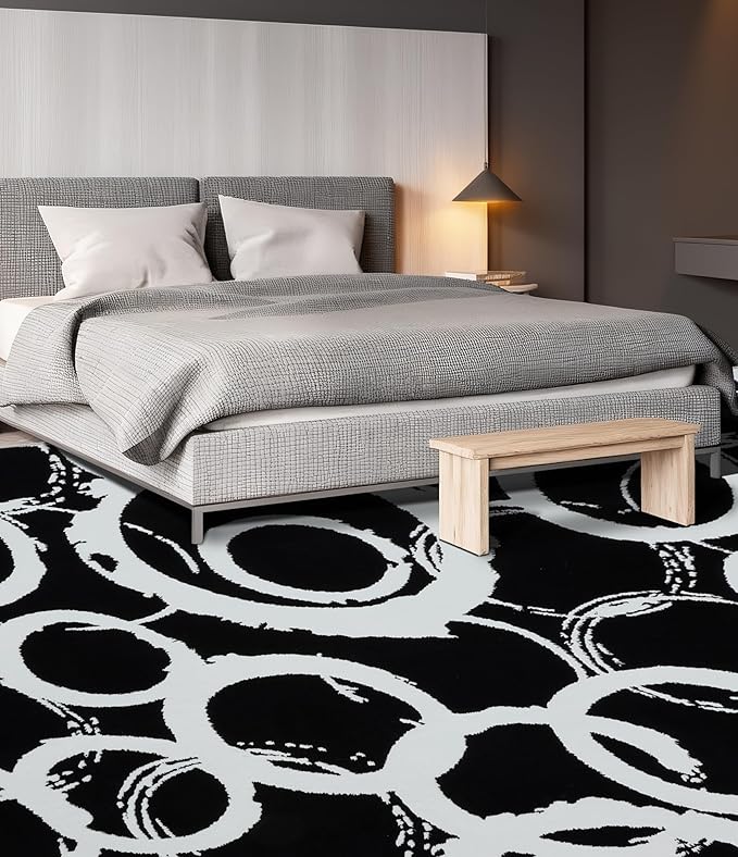 YIHOUSE Black Modern Geometric Area Rug 8x10, Black and White Rug with Abstract Circles,Non-Shedding Washable Rugs for Bedroom, Home Office and Living Room