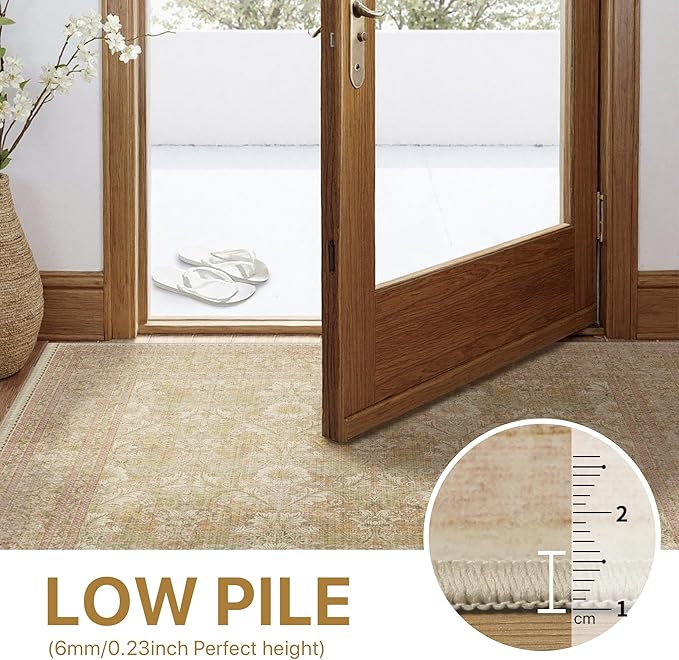 8x10 Washable Area Rug for Living Room, Non Slip Water Repellent Low Pile Carpet for Bedroom & Home Decor, Lightweight Carpet, Brown Pink