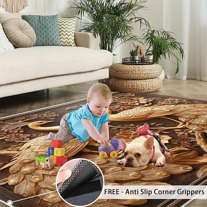 Peacock Rugs for Bedroom - 6x9 Rug, European Style Area Rugs for Living Room, Peacock Decor Carpet, Gold Peafowl Washable Area Mat, Luxury Carpet - Peafowl Home Decor & Gifts