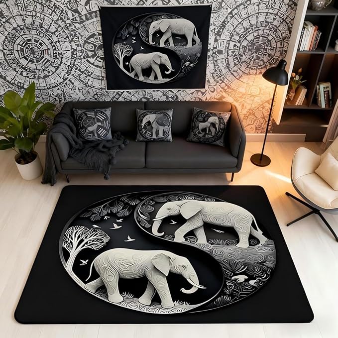 Elephant Large Area Rug 5x7 Bohemian Style Living Room Rug | Antique Decor Yin and Yang Rugs for Bedroom, Western Animals Carpet Indoor Floor Mat,Black Grey Beige