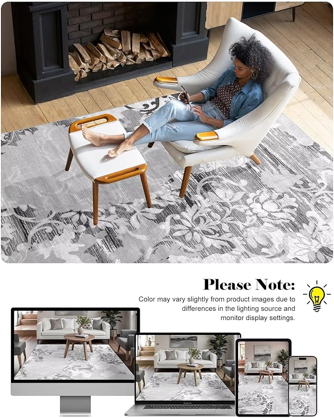 Washable Abstract Rug, 8x10 Classic Grey and White Floral Area Rugs with Non-Slip Rubber Backed for Living Room, Low Pile Modern Throw Carpet Bedroom Dining Room Decor