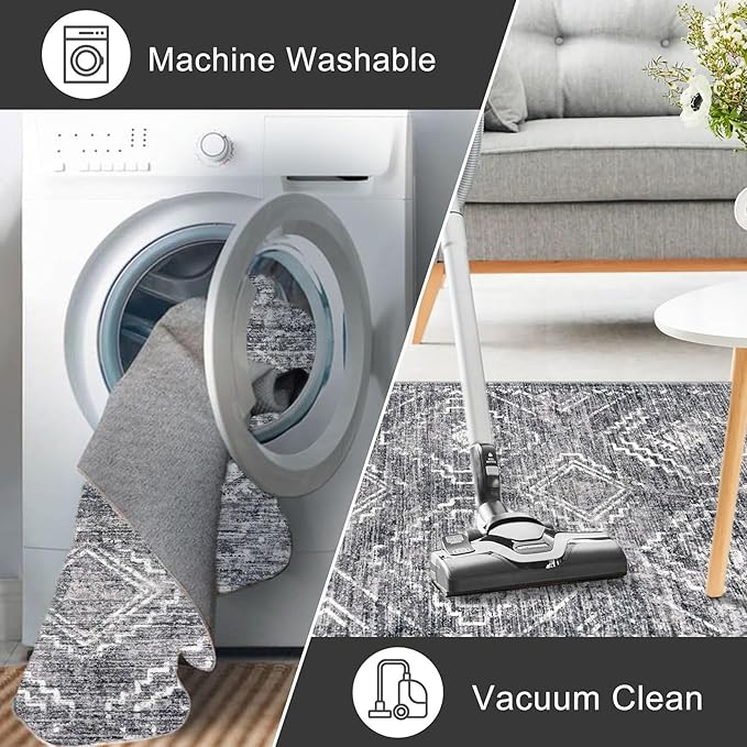 KILOCOCO Hallway Runner Rug 3'x8' Runners for Hallways Washable Runner Rug Non Slip Rubber Backed Low-Pile Runners for Bedroom Kitchen Living Room Laundry Room Boho Rugs, Grey
