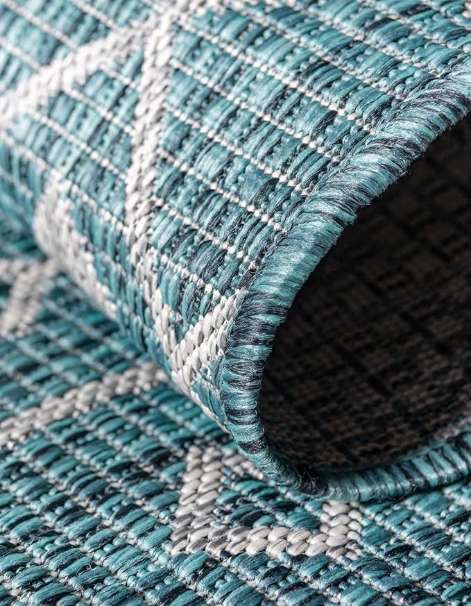 Unique Loom Outdoor Trellis Collection Area Rug - Tribal Trellis (10' Square Teal/Ivory)