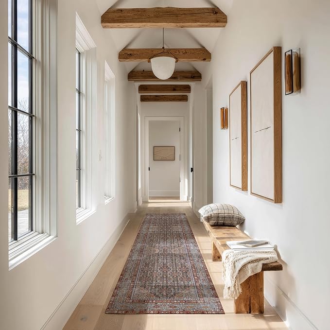 Kuden 2'6"x10 Runner Rug, Machine Washable Area Rug with Non-Slip Backing, Vintage Style, Soft, Easy Clean, Low Pile Rug for Hallway, Entryway, Kitchen, Bedroom