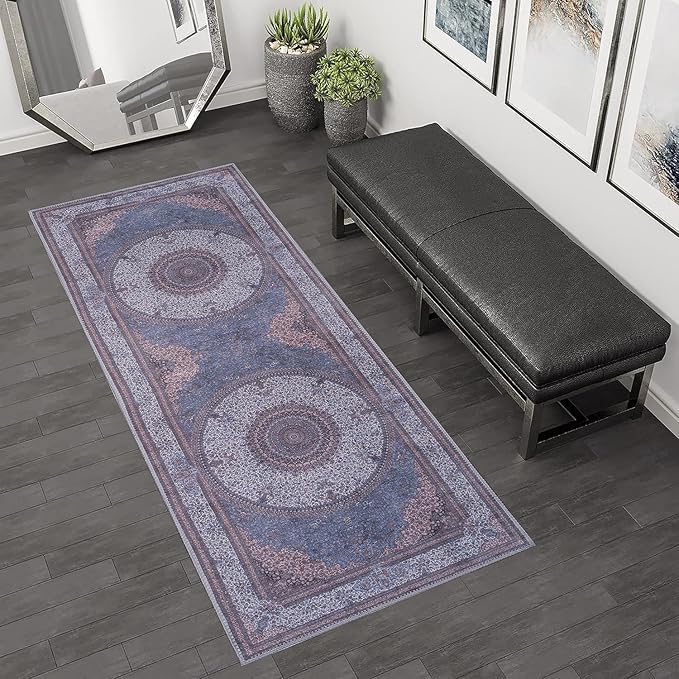 GLN Rugs Traditional Collection - Machine Washable Area Rug, Traditional Washable, Non Slip, Low Pile Chenille Rug, Living Room, Bedroom, Kitchen Rug (2'6" x 7' Navy/Off White)