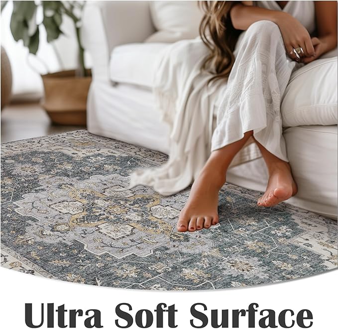 jinchan Area Rug 5x7 Vintage Washable Bedroom Rug Floral Medallion Lightweight Non Slip Thin Retro Classic Soft Boho Floor Cover Farmhouse Carpet for Living Room Dining Room Kitchen Grey