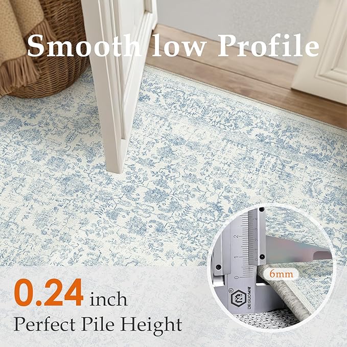 Blue Area Rug 4x6 Office Entryway Rug Machine Washable Kitchen Vintage Distressed Non Slip Carpet Indoor Retro Floral Accent Throw Door Mat for Bathroom Bedroom Dining Living Room