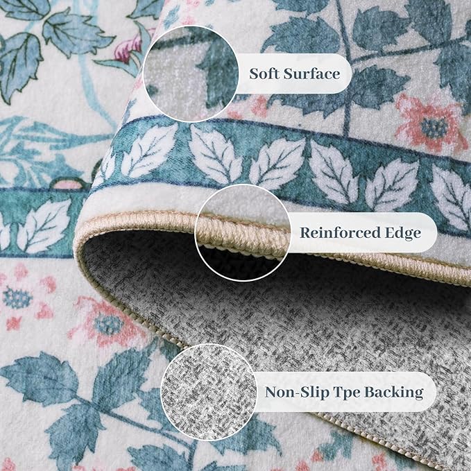 8x10 Area Rugs Living Room Rug - Floral Vintage Forest Washable Carpet, Low Pile Non-Slip Stain Resistance Boho Soft Large Carpet for Bedroom, Dining Room, Office, Farmhouse (8'x10' Blue/Pink)