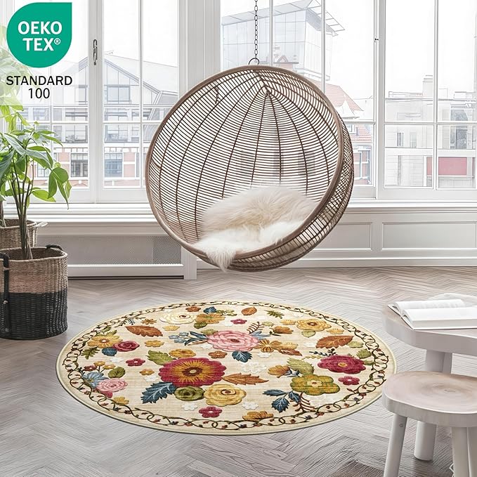 4ft Round Machine Washable Area Rug for Living Room, Beige Vintage Boho Floral Rug Large Non-Slip Low Pile Soft Faux Wool Carpet, Kids and Pets Friendly for Bedroom Nursery Farmhouse Home Decor Rug