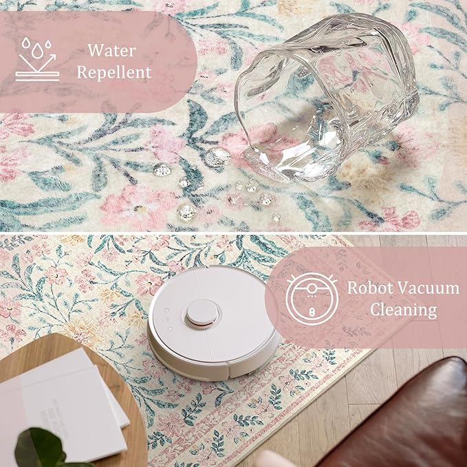 Morebes Floral Washable Light Pink Rug, Boho Machine Washable Area Rugs 8x10 for Nursery Girls Bedroom Non Slip, Soft Vintage Distressed Carpet for Living Room Dorm Home Office Decor