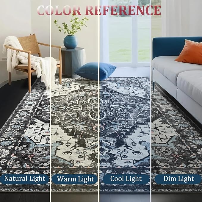 Large Area Rugs 8x10 for Living Room, Bedroom, Washable Vintage Rugs -Low Pile Distressed Rugs for Kitchen, Dining Room, Water Repellent & Non Shedding, Black and Blue