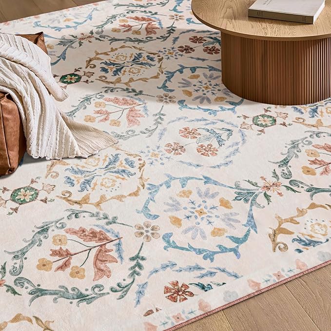 Phantoscope Washable Area Rug 5'x7' Non-Slip, Vintage Floral Boho Rugs for Living Room, Bedroom, DiningRoom, Soft Botanical Moroccan Pattern, Low-Pile Foldable Floor Carpet, Ivory Pink/Boho Garden