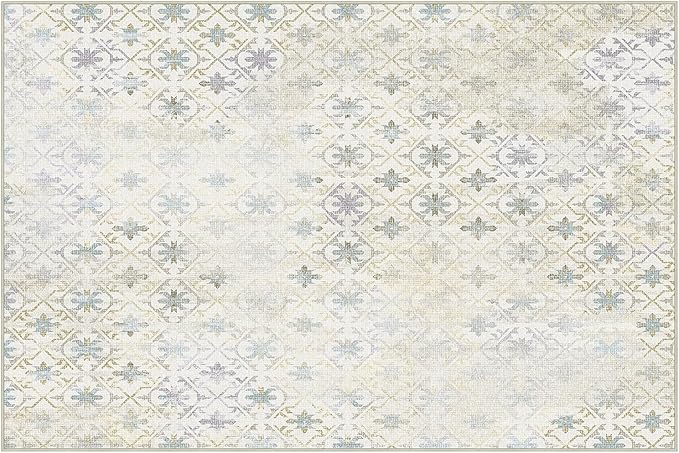 Phantoscope Washable Area Rug 6'x9' Non-Slip, Vintage Modern Boho Rugs for Living Room, Bedroom, Dining Room, Distressed Geometric Floral Pattern, Low-Pile Foldable Floor Carpet, Teal Floral/Beige