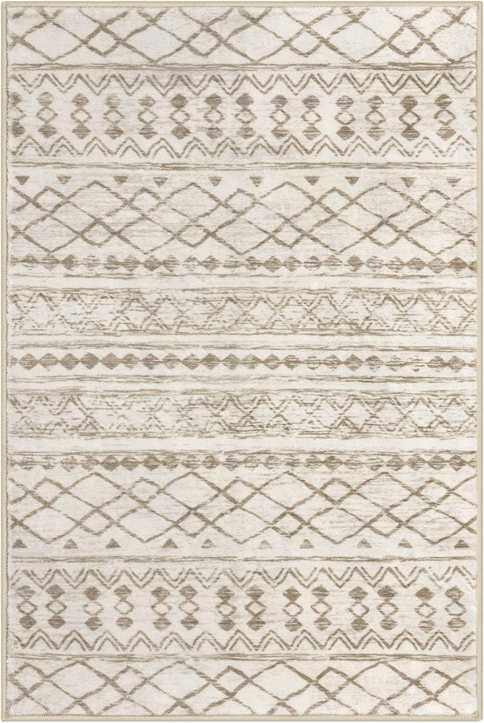 KUTA 6x9 Boho Living Room Rugs, Moroccan Washable Kitchen Rug Non Slip, Beige Ultra Soft Print Distressed Geometric Low-Pile Throw Carpet for Bedroom Nursery Dorm Decor