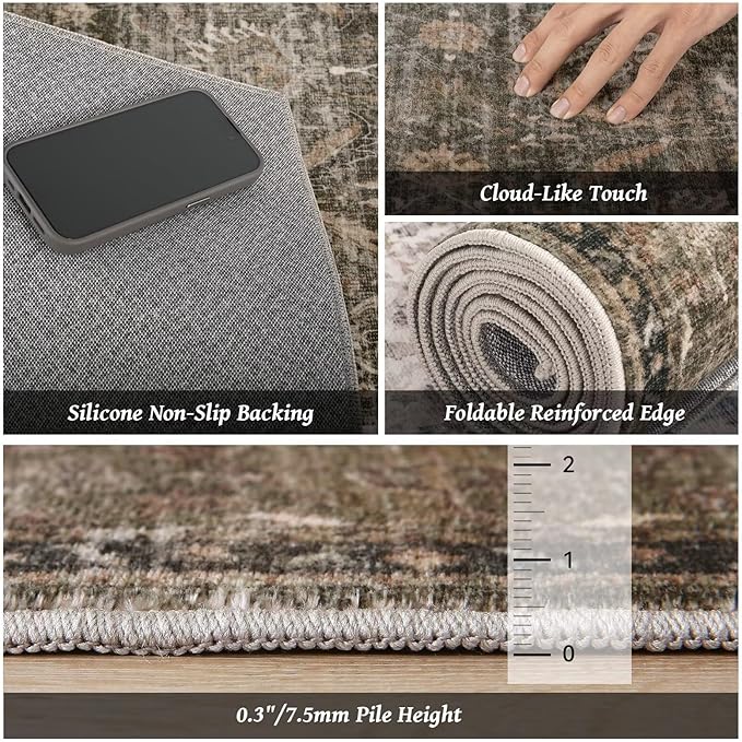 Washable 4x6 Rugs for Living Room, Boho Non-Slip Vintage Distress Small Rugs for Bedroom Nursery Office, 0.3" Neutral Oriental Throw Thin Carpet with Cushioning Pad, Rust/Multi