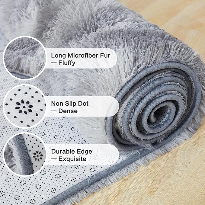 Andency Soft Area Rugs for Living Room Bedroom, 5x8 Fluffy Shaggy Bedside Rug, Non-Slip Large Shag Fuzzy Plush Carpets for Bedroom Kids Dorm Nursery Home Decor Aesthetic, Tie-Dyed Light Grey