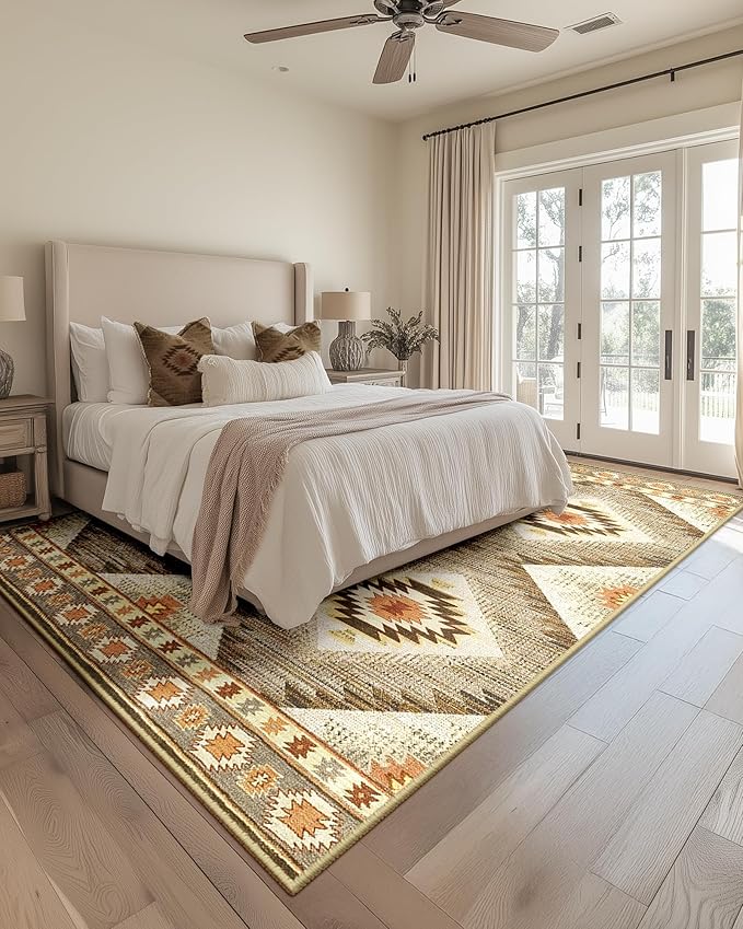 Area Rug 7x9 Rug Machine Washable Non-Slip Low Pile Print Pattern Western Rug for Living Room Bedroom Entryway Tribal Series-Cream/Camel