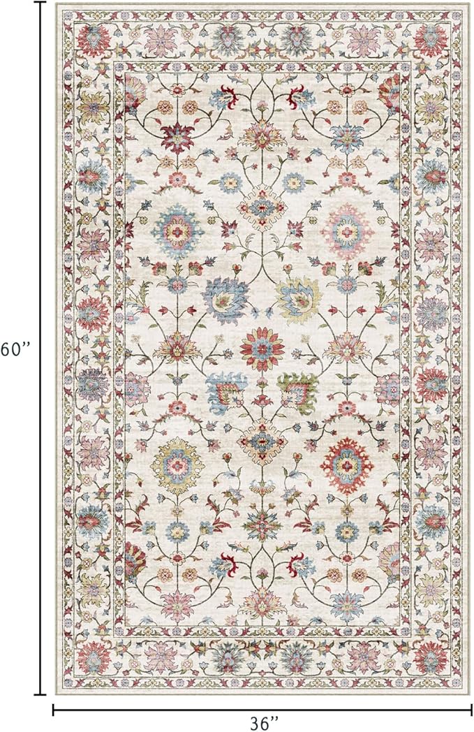 3x5 Washable Area Rug - Small Entryway Rug Non-Slip Cream Colorful Vintage Traditional Floral Kitchen Rugs Low Pile Boho Carpet Throw Rugs for Living Room Bedroom Bathroom Entrance Dorm Office