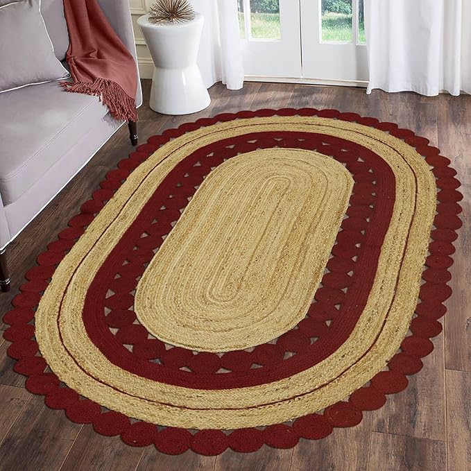 2x14 Flatweave Runner – Oval Kilim Rug, Handmade Boho Style, Hand Braided Jute, 0.27" Thick Solid Red Beige Flatweave for Entryway, Hallway, Staircase, Corridor